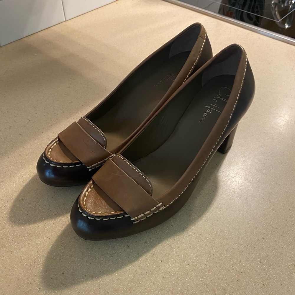 Two-Tone Brown Leather Block Heel Loafers by Cole Haan, never worn